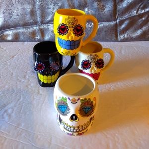 Set Of 3 Day Of The Dead Sugar Skull Mug And 1 Bowl Holder  3D